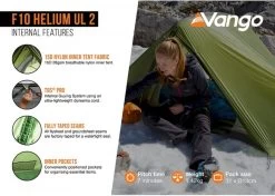 Vango F10 Helium UL 2 Ultralichte Trekking Tunneltent - 1/2 Persoons - Groen -Buitensporten Verkoopwinkel 1900 1783 f10 helium ul 2 5